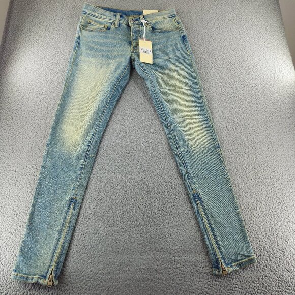 mnml M5 Stretch Denim Jeans Mens 28 Blue Ankle Zip Tapered Skinny Distressed - Picture 1 of 15